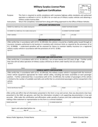 Document preview: Form DPSMV1819 Military Surplus License Plate Applicant Certification - Louisiana