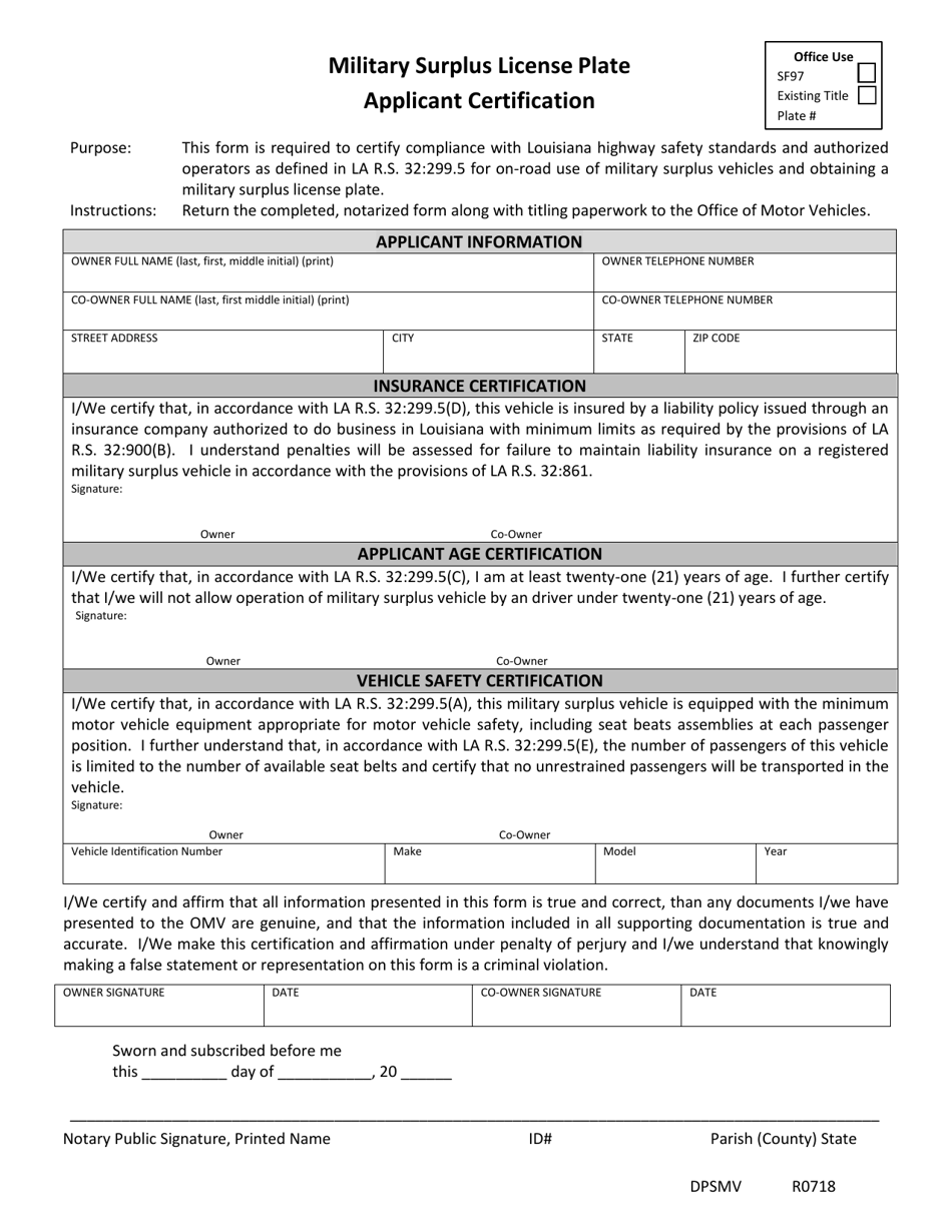 Form Dpsmv1819 Download Fillable Pdf Or Fill Online Military Surplus 