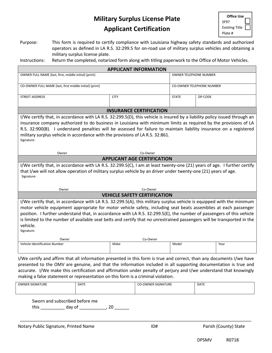 Form DPSMV1819 Military Surplus License Plate Applicant Certification - Louisiana, Page 1
