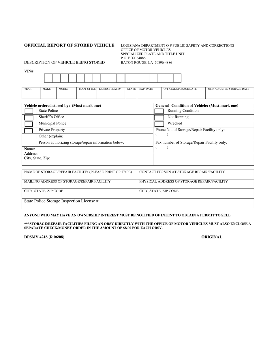 Form DPSMV4218 Official Report of Stored Vehicle - Louisiana, Page 1