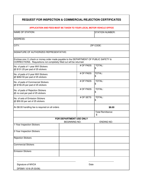 Form DPSMV1018 Request for Inspection & Commercial/Rejection Certificates - Louisiana