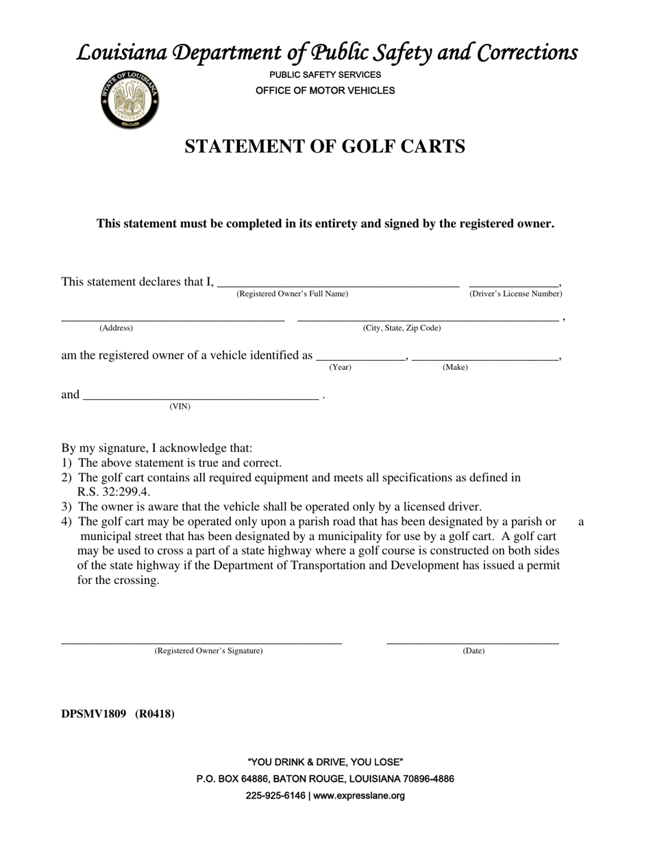 Form DPSMV1809 Statement of Golf Carts - Louisiana, Page 1