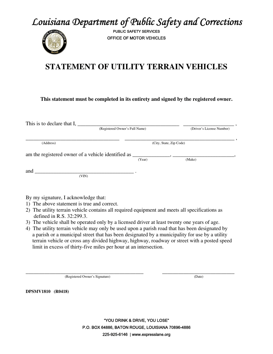 Form DPSMV1810 Statement of Utility Terrain Vehicles - Louisiana, Page 1