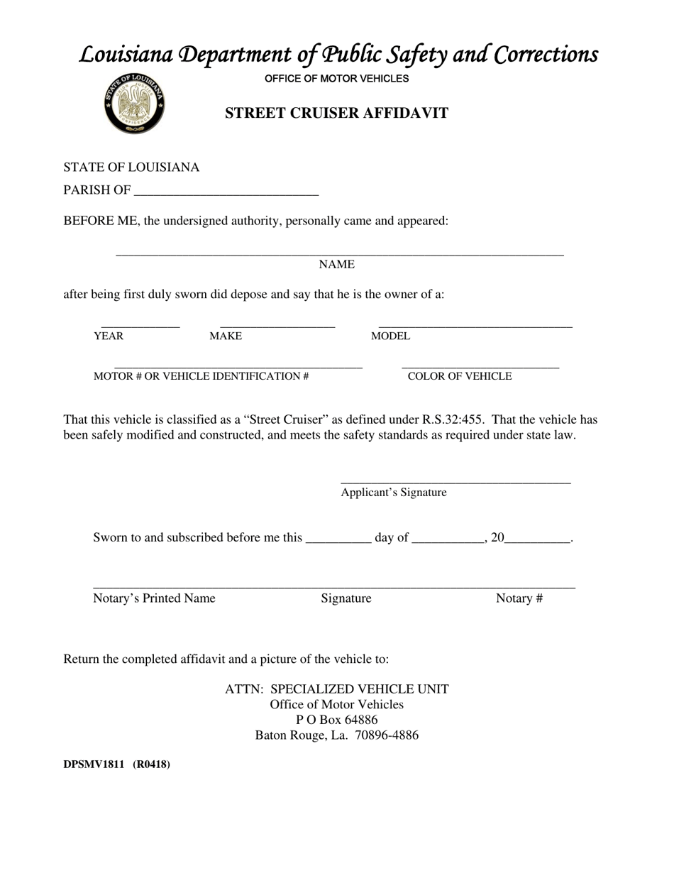 Form DPSMV1811 Street Cruiser Affidavit - Louisiana, Page 1