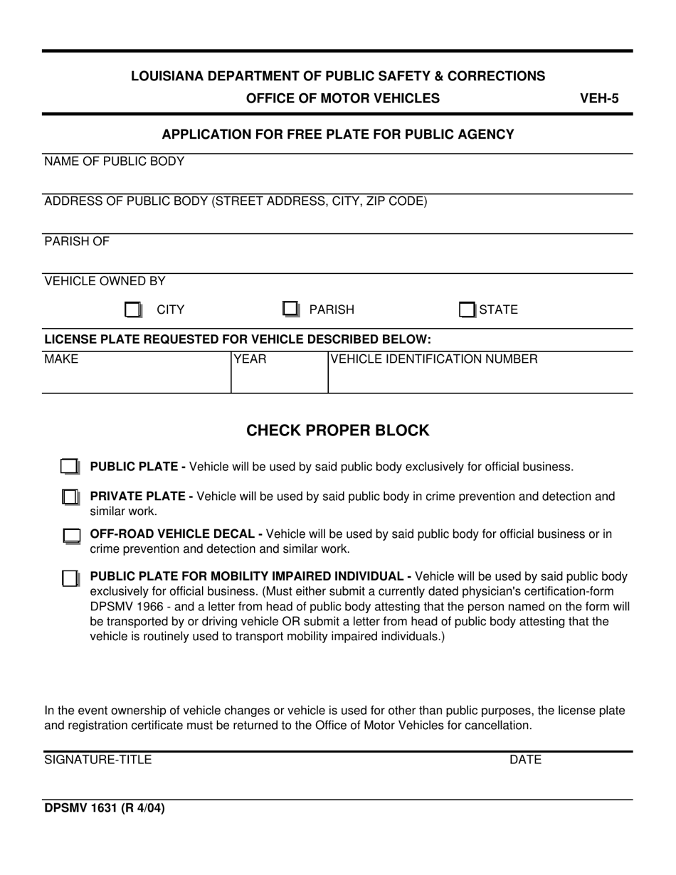 Form VEH-5 (DPSMV1631) Application for Free Plate for Public Agency - Louisiana, Page 1
