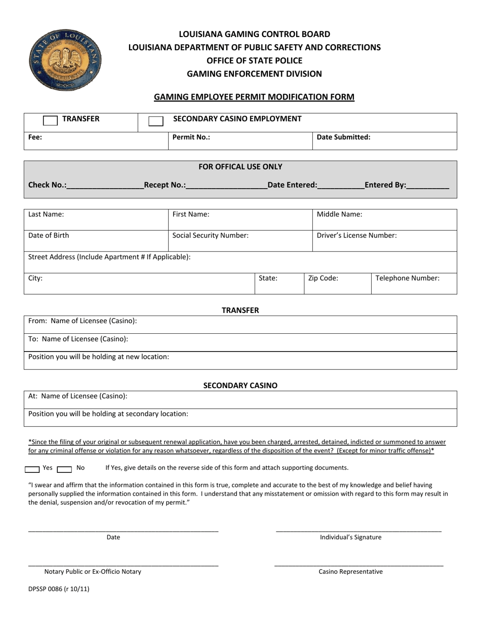 Form DPSSP0086 Gaming Employee Permit Modification Form - Louisiana, Page 1