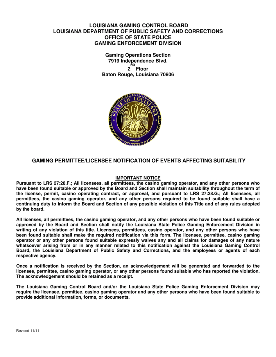 Louisiana Gaming Permittee/Licensee Notification of Events Affecting