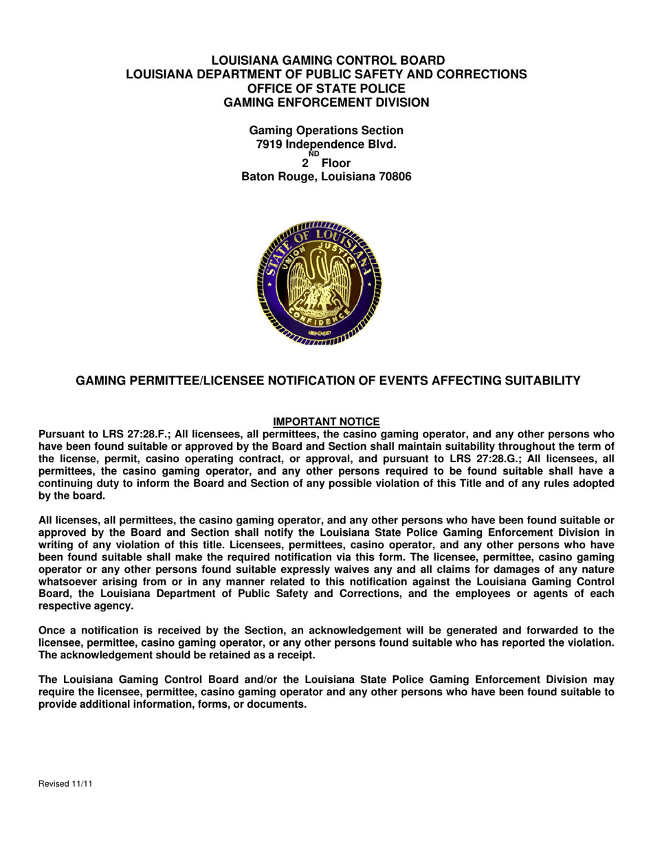 Gaming Permittee / Licensee Notification of Events Affecting Suitability - Louisiana, Page 1