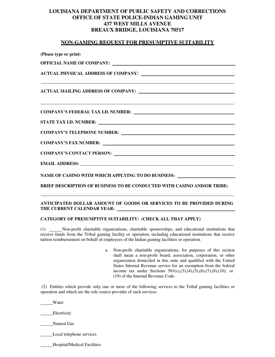 Non-gaming Request for Presumptive Suitability - Louisiana, Page 1