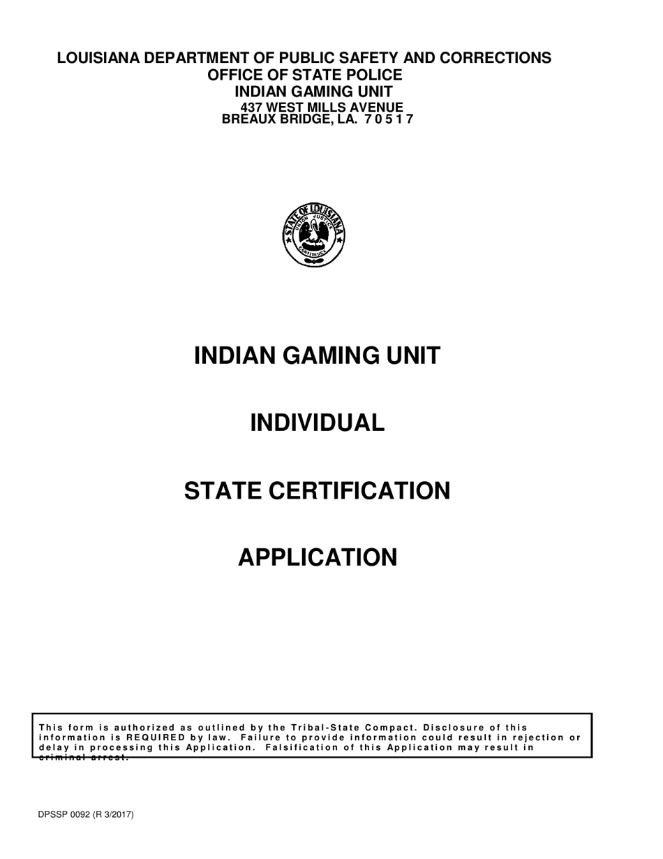 Form DPSSP0092 Gaming Employee Certification Application - Louisiana, Page 1