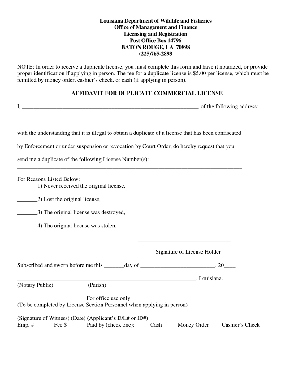 Affidavit for Duplicate Commercial License - Louisiana, Page 1