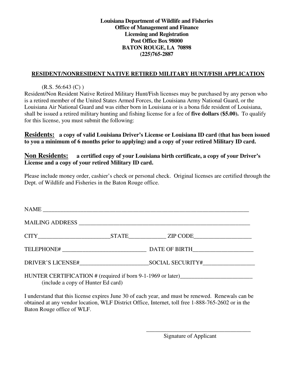 Resident / Nonresident Native Retired Military Hunt / Fish Application - Louisiana, Page 1