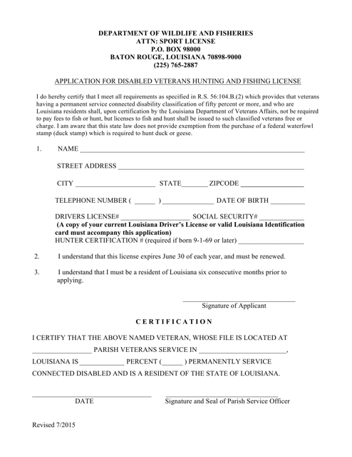 Application for Disabled Veterans Hunting and Fishing License - Louisiana