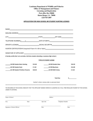 Document preview: Application for High School Nr Student Hunting Licenses - Louisiana