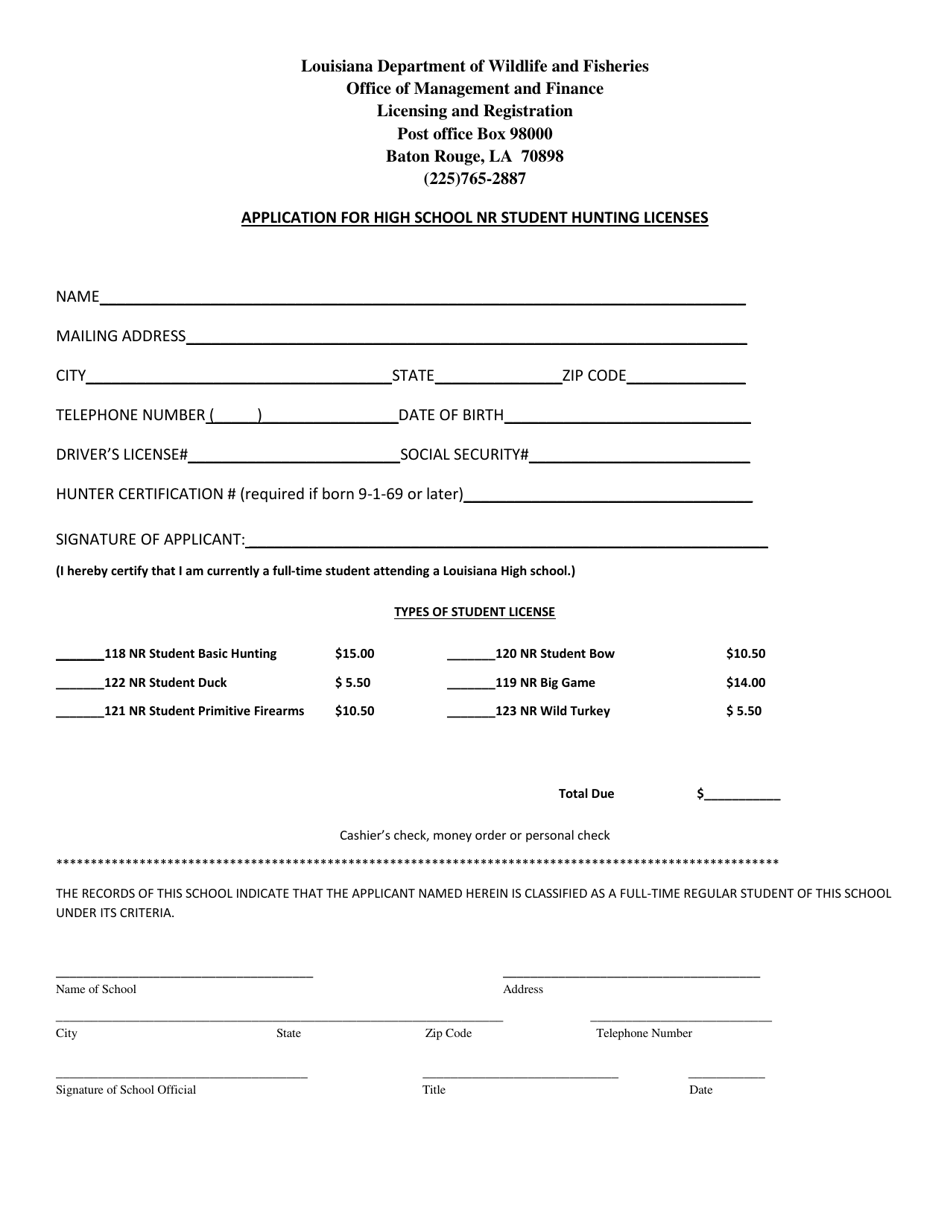 Application for High School Nr Student Hunting Licenses - Louisiana, Page 1