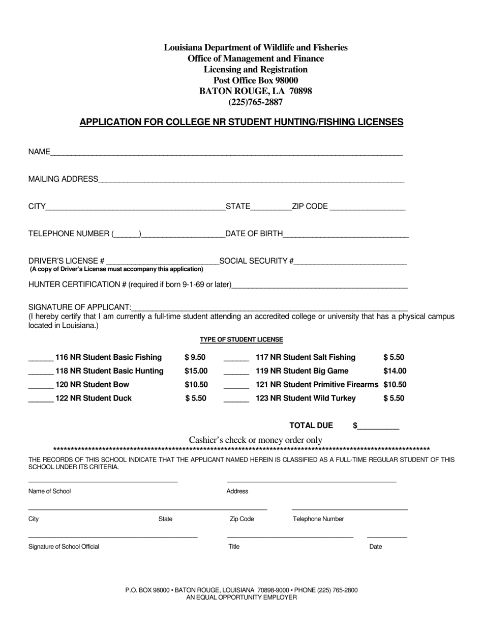Application for College Nr Student Hunting / Fishing Licenses - Louisiana, Page 1