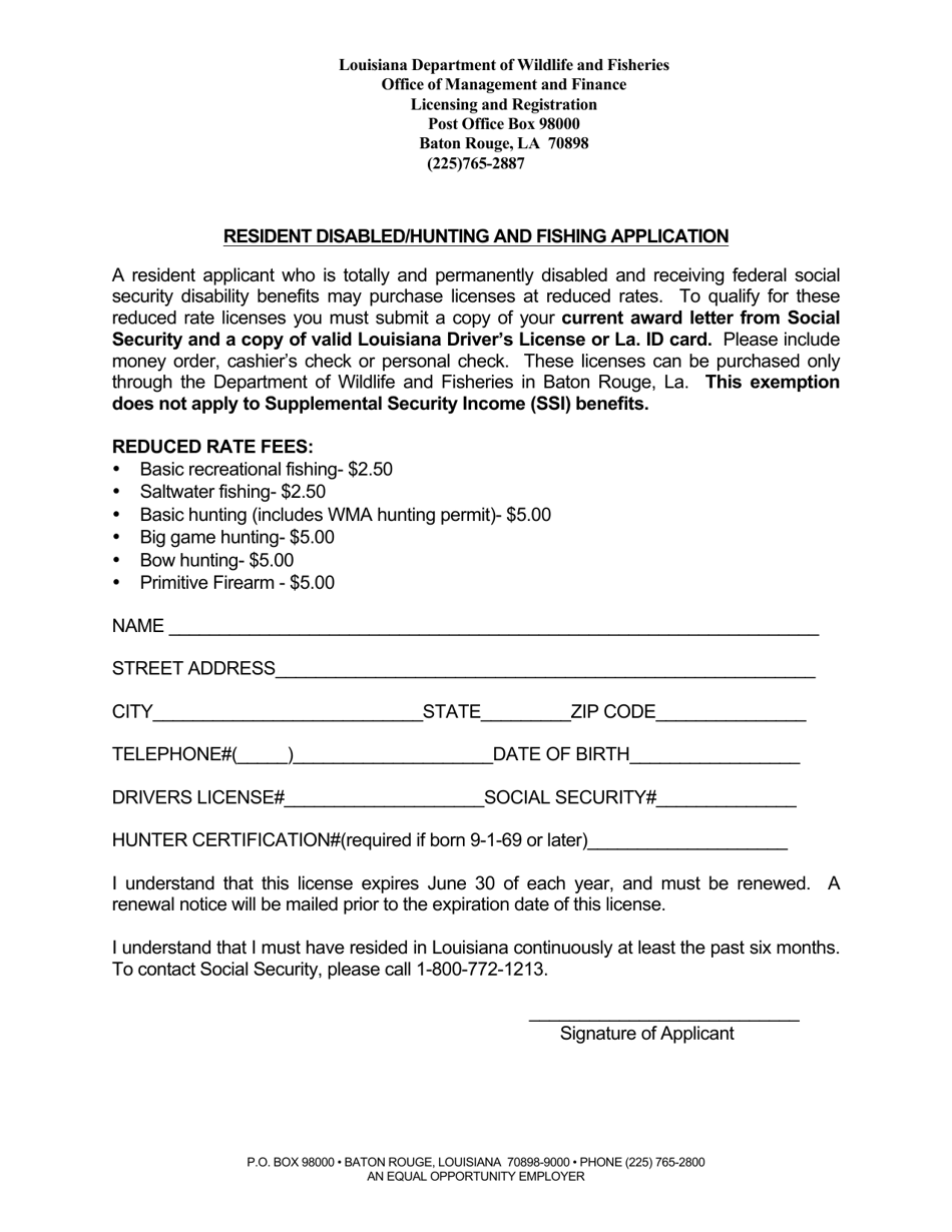 Resident Disabled / Hunting and Fishing Appliaction - Louisiana, Page 1