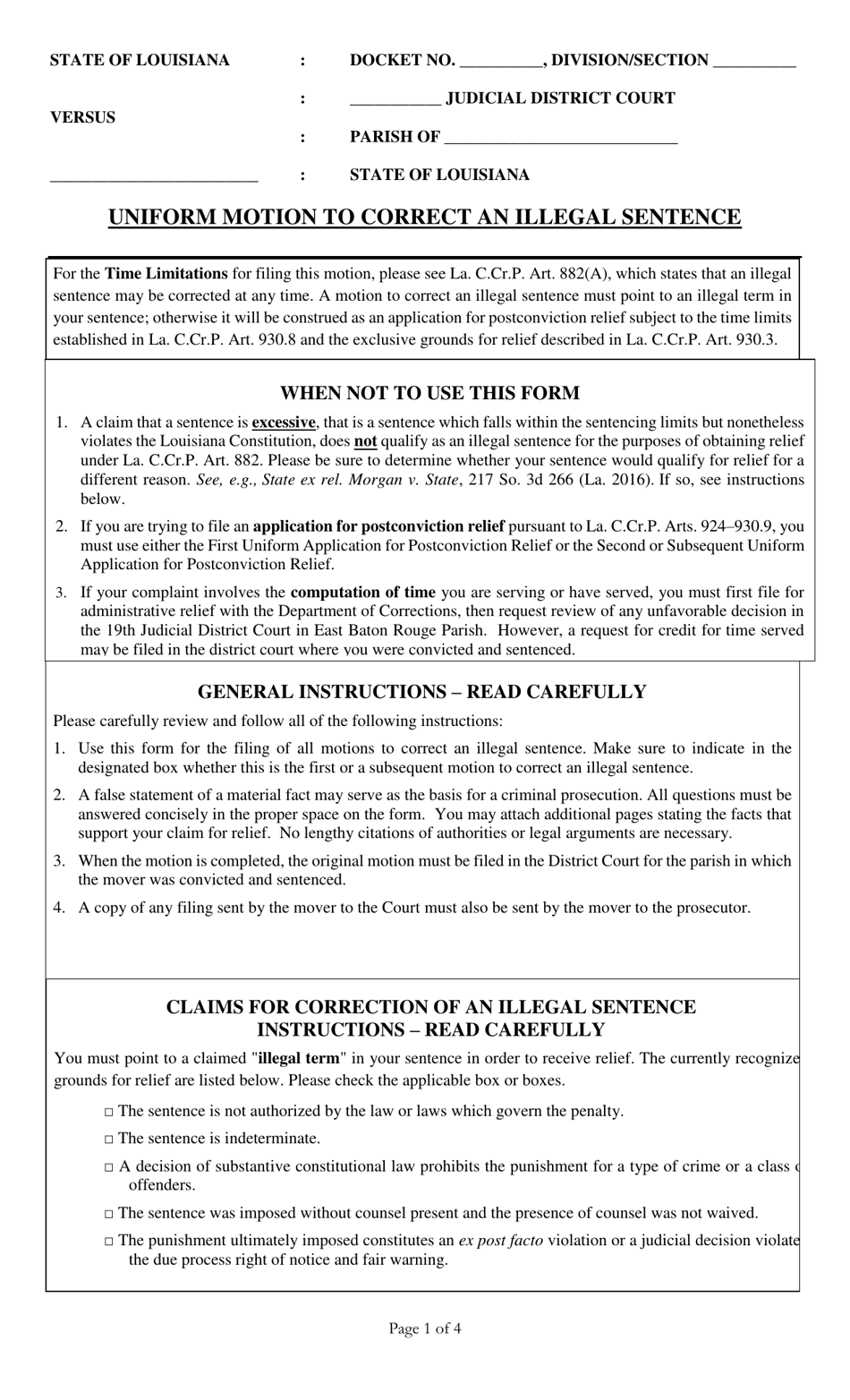 Uniform Motion to Correct an Illegal Sentence - Louisiana, Page 1