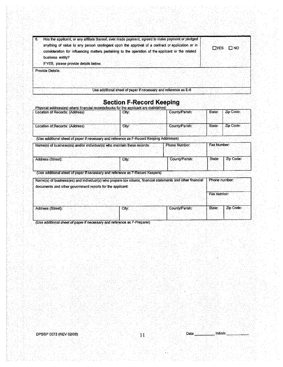 Form DPSSP0073 Level II Business Application for a Manufacturer of Slot Machine and Video Draw Poker Devices Permit, Manufacturer of Gaming Equipment Other Than Slot Machines and Video Draw Poker Devices Permit, Gaming Supplier Permit, Non Gaming Supplier Permit - Louisiana, Page 12