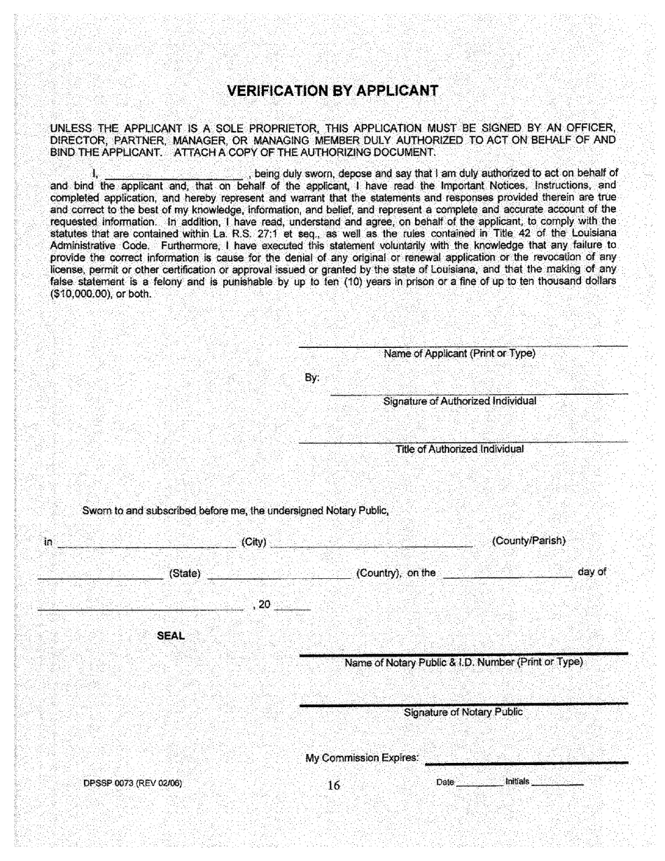 Form DPSSP0073 Level II Business Application for a Manufacturer of Slot Machine and Video Draw Poker Devices Permit, Manufacturer of Gaming Equipment Other Than Slot Machines and Video Draw Poker Devices Permit, Gaming Supplier Permit, Non Gaming Supplier Permit - Louisiana, Page 17