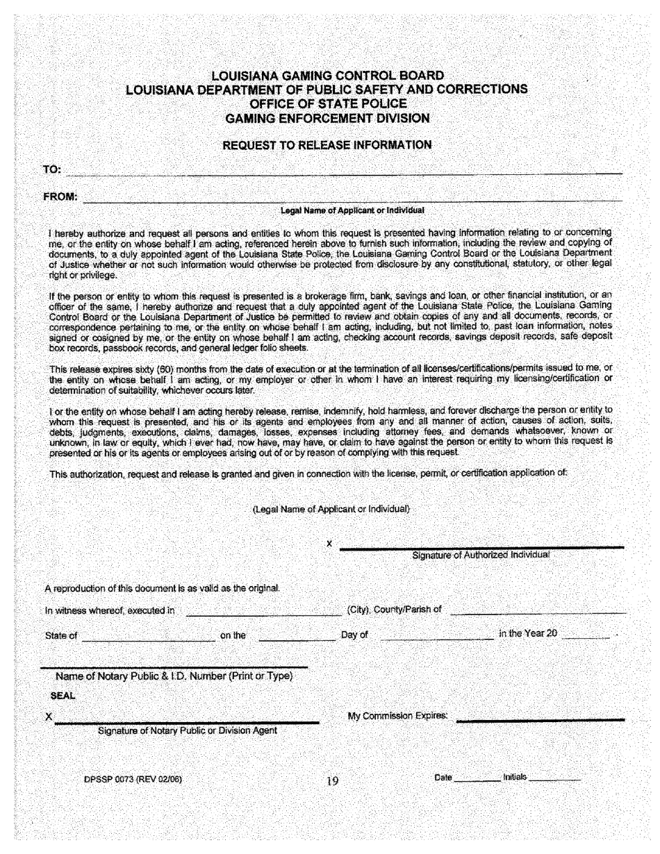 Form DPSSP0073 Level II Business Application for a Manufacturer of Slot Machine and Video Draw Poker Devices Permit, Manufacturer of Gaming Equipment Other Than Slot Machines and Video Draw Poker Devices Permit, Gaming Supplier Permit, Non Gaming Supplier Permit - Louisiana, Page 20