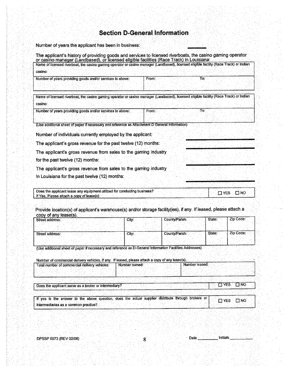 Form DPSSP0073 Level II Business Application for a Manufacturer of Slot Machine and Video Draw Poker Devices Permit, Manufacturer of Gaming Equipment Other Than Slot Machines and Video Draw Poker Devices Permit, Gaming Supplier Permit, Non Gaming Supplier Permit - Louisiana, Page 9
