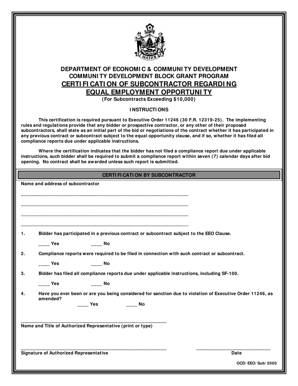 Community Development Block Grant Program Certification of Subcontractor Regarding Equal Employment Opportunity - Maine, Page 1