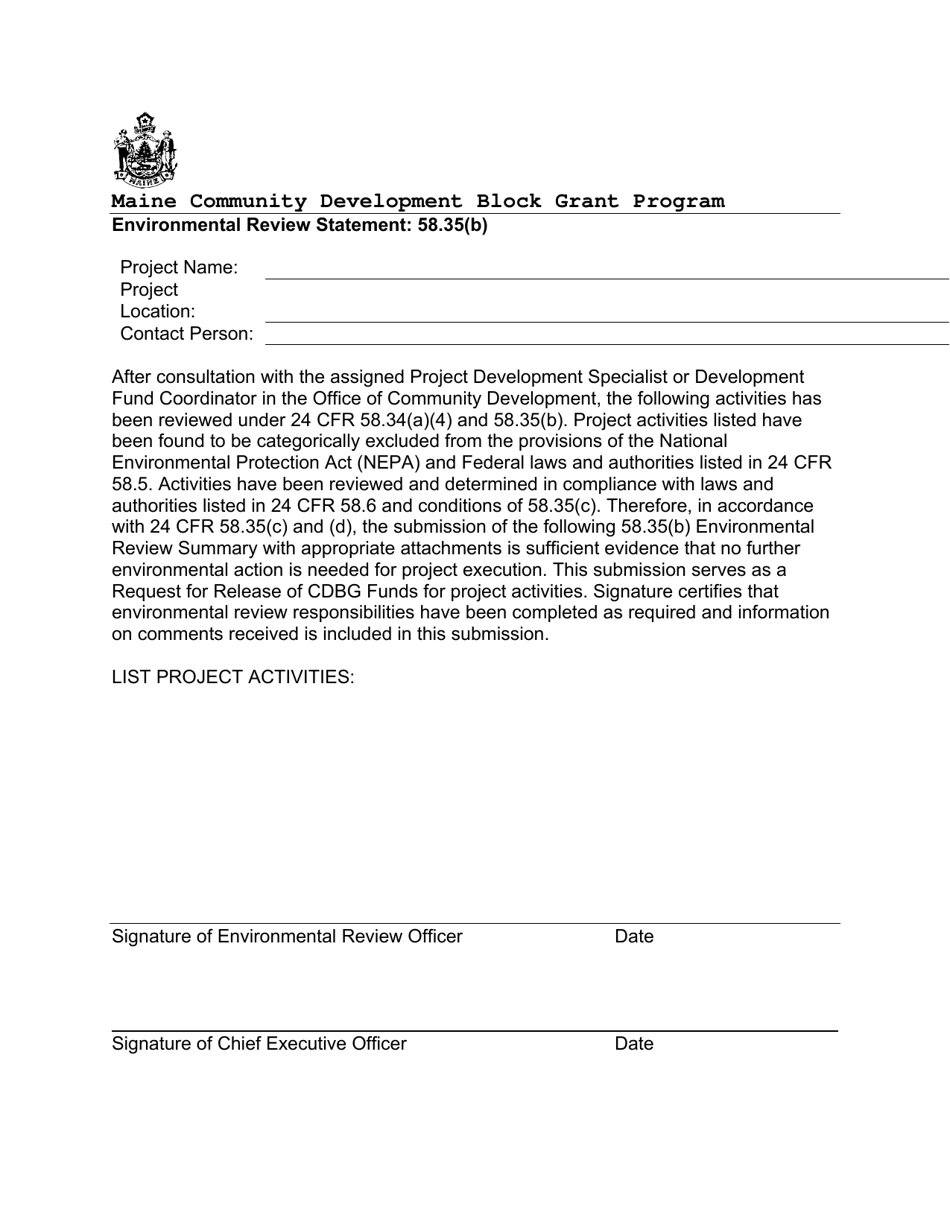 Maine Community Development Block Grant Program Environmental Review Statement: 58.35(B) - Maine, Page 1