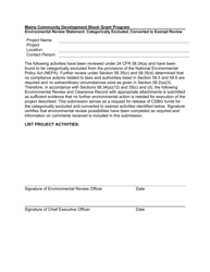 Document preview: Maine Community Development Block Grant Program Environmental Review Statement: Categorically Excluded, Converted to Exempt Review - Maine