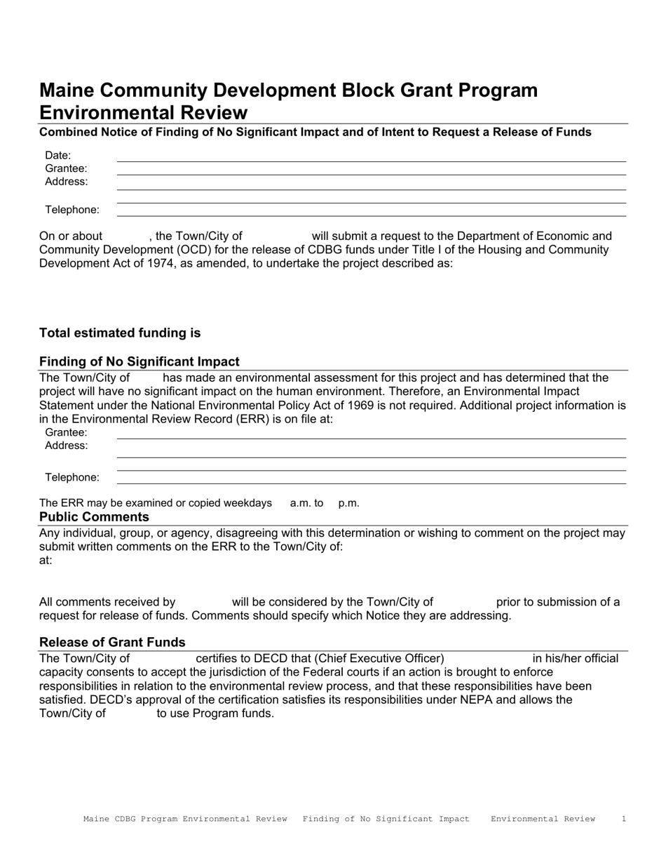 Maine Community Development Block Grant Program Environmental Review Combined Notice of Finding of No Significant Impact and of Intent to Request a Release of Funds - Maine, Page 1