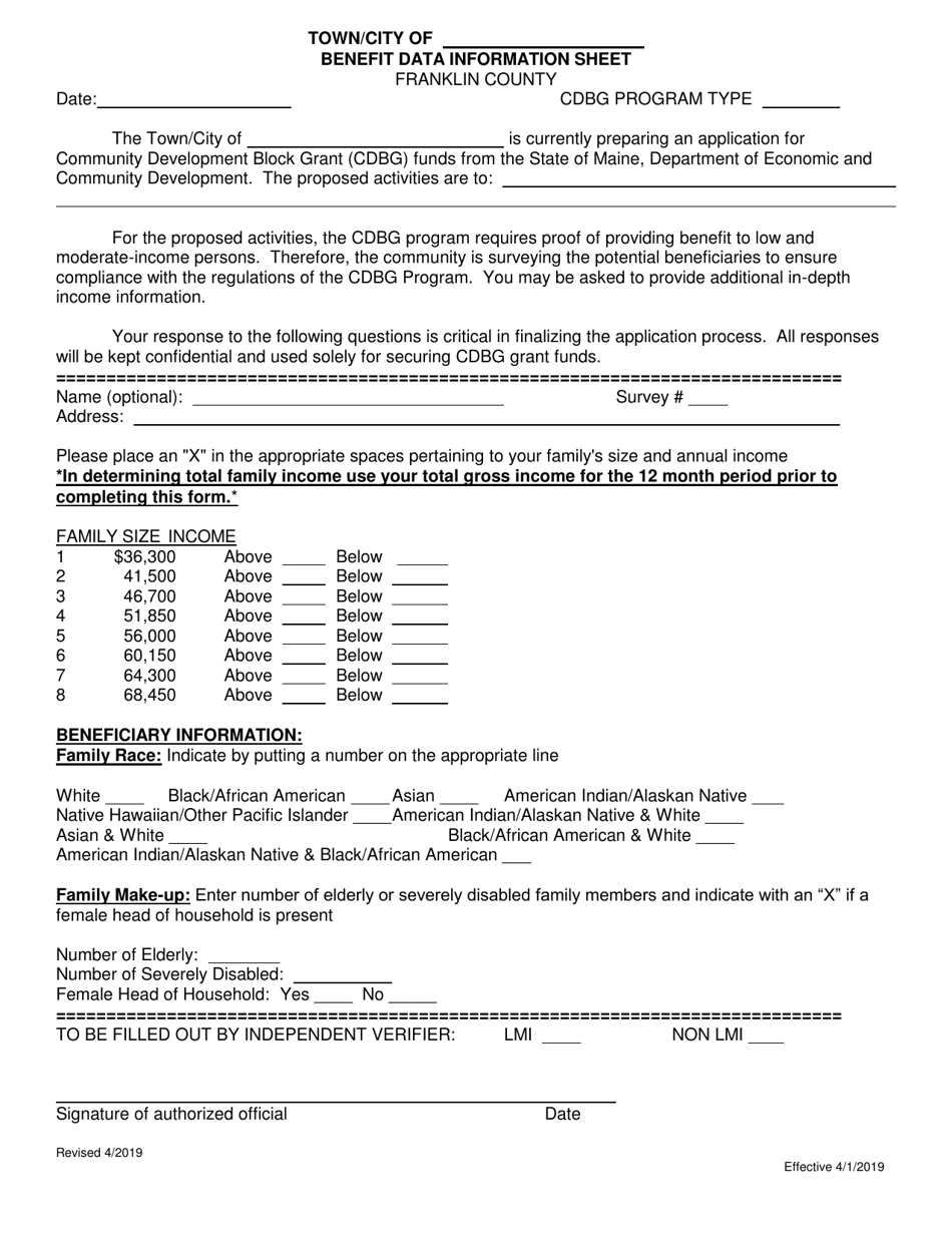 Benefit Data Information Sheet - Franklin County, Maine, Page 1