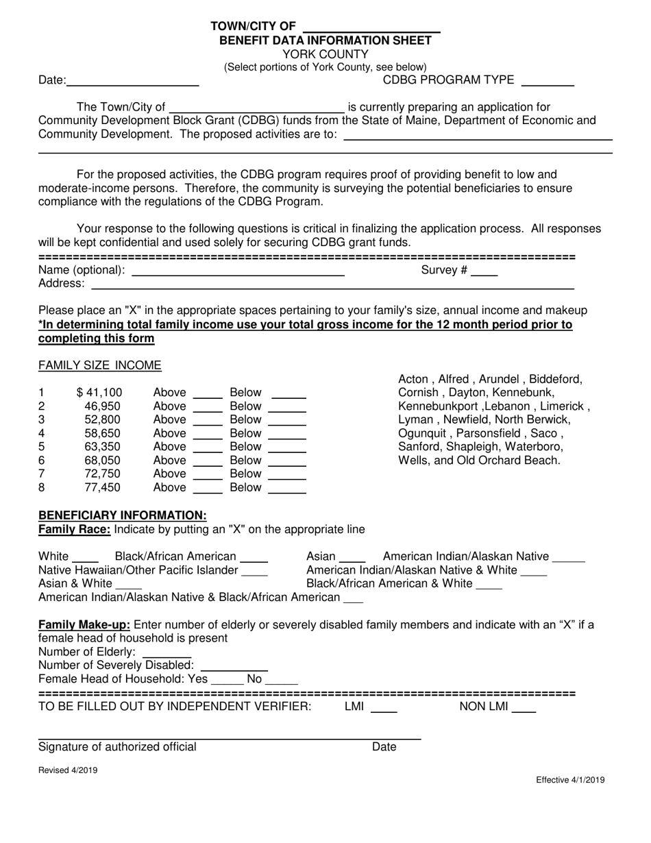 Benefit Data Information Sheet - York County, Maine, Page 1