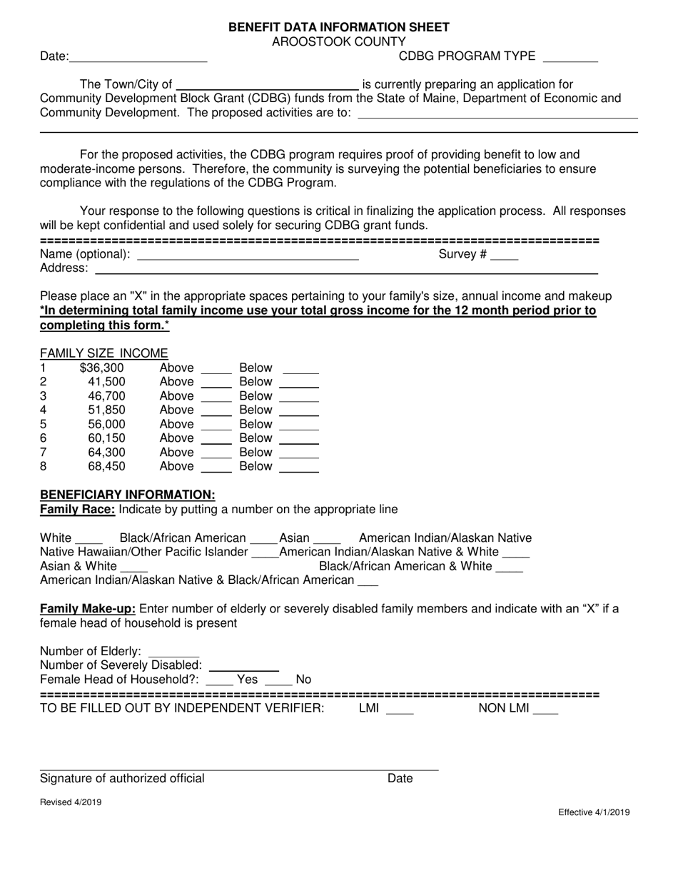 Benefit Data Information Sheet - Aroostook County, Maine, Page 1
