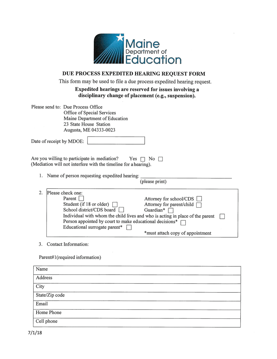 Due Process Expedited Hearing Request Form - Maine, Page 1