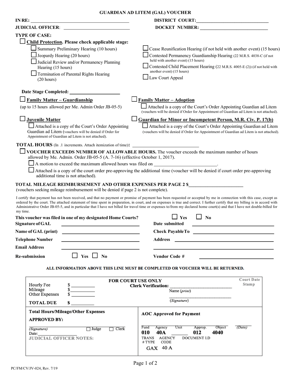 Form Pc Fm Cv Jv 024 Download Fillable Pdf Or Fill Online Guardian Ad Litem Gal Voucher Maine Templateroller