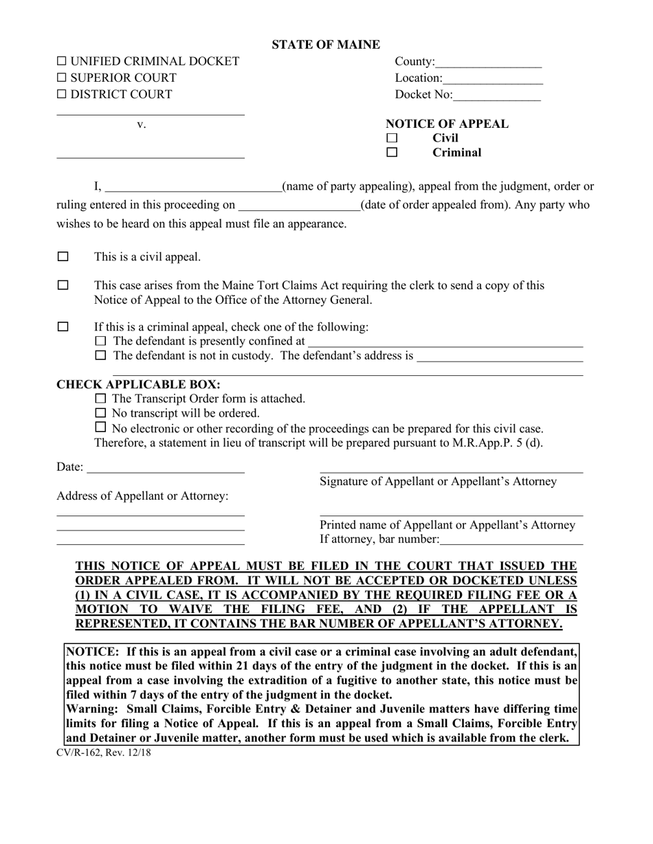 Form CV / R-162 Notice of Appeal - Maine, Page 1