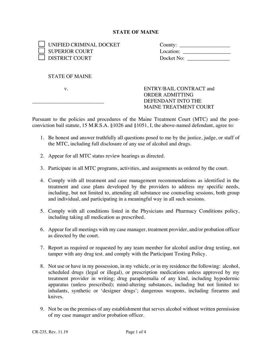 Form CR-235 Entry / Bail Contract and Order Admitting Defendant Into the Maine Treatment Court - Maine, Page 1