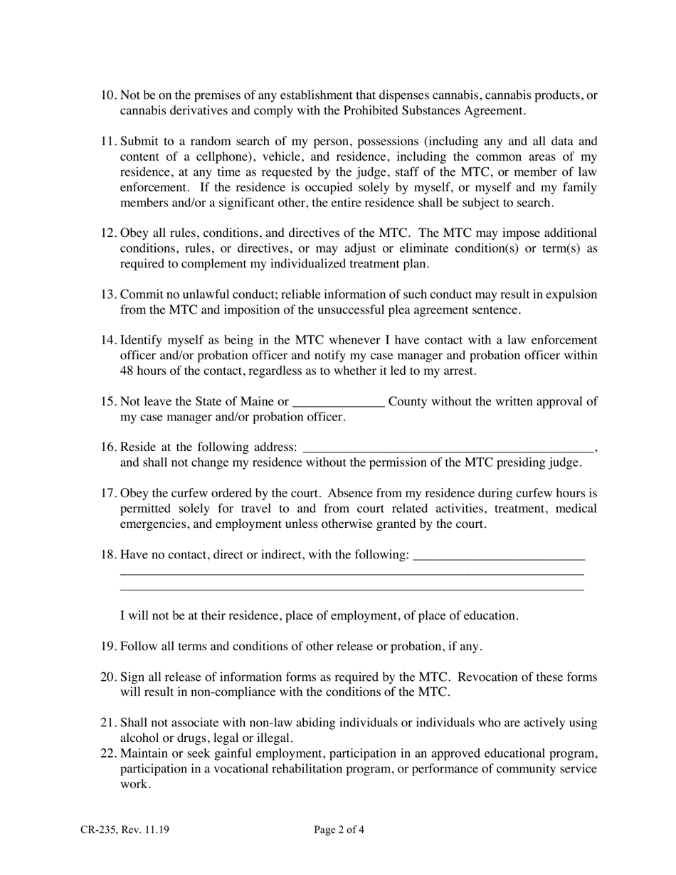 Form CR-235 Entry / Bail Contract and Order Admitting Defendant Into the Maine Treatment Court - Maine, Page 2