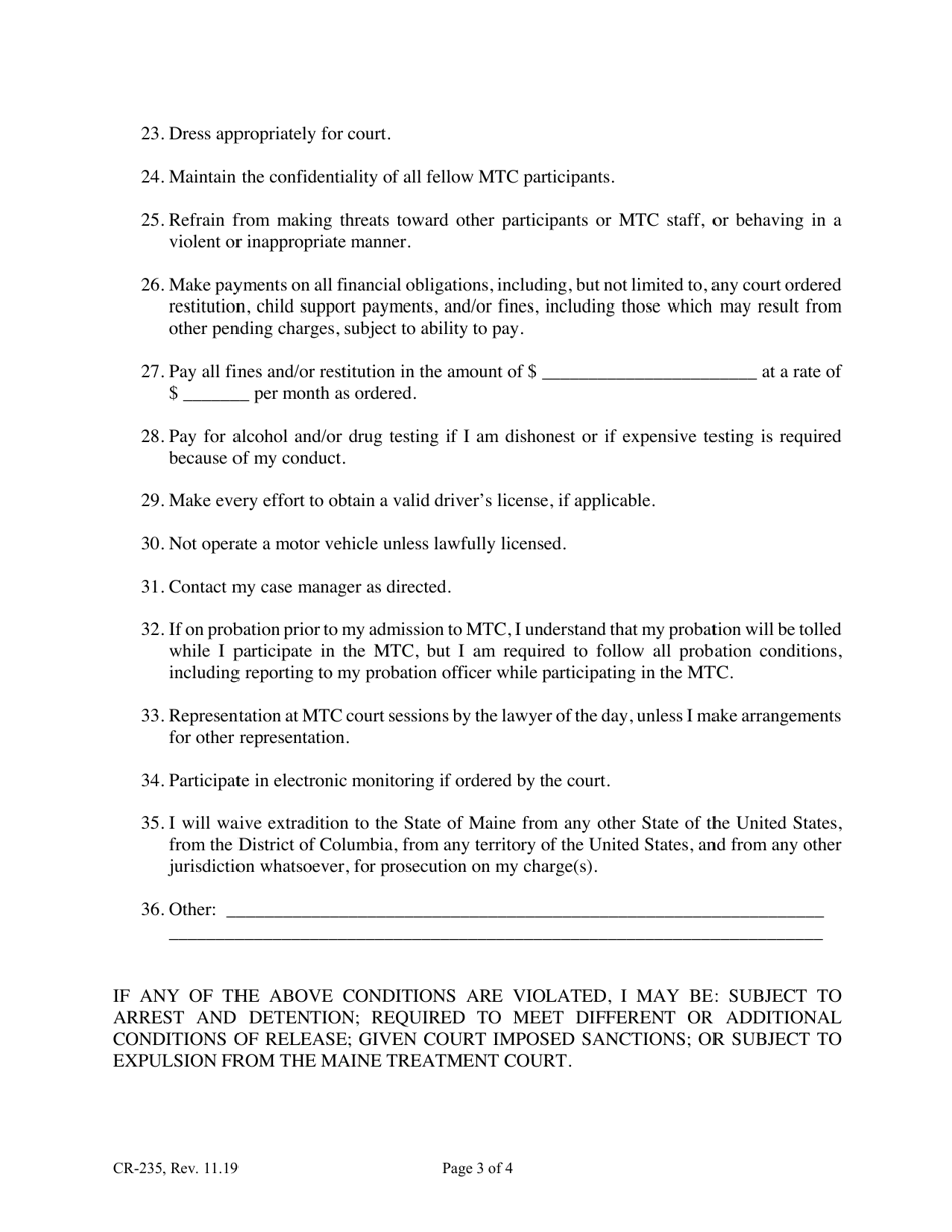 Form CR-235 Entry / Bail Contract and Order Admitting Defendant Into the Maine Treatment Court - Maine, Page 3