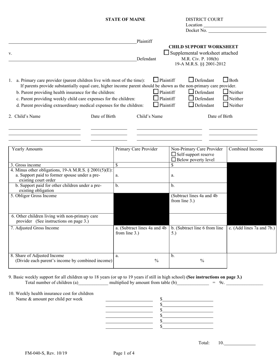 Form FM-040-S Child Support Worksheet - Maine, Page 1