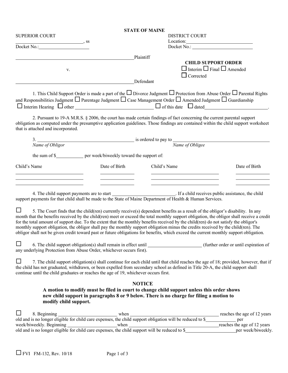 Form FM-132 Child Support Order - Maine, Page 1