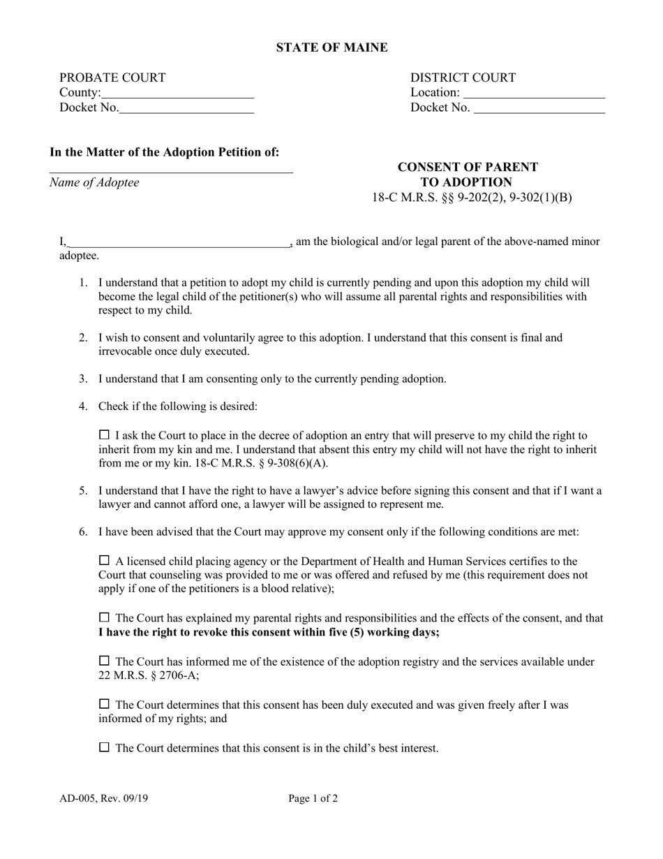 Form AD-005 Consent of Parent to Adoption - Maine, Page 1