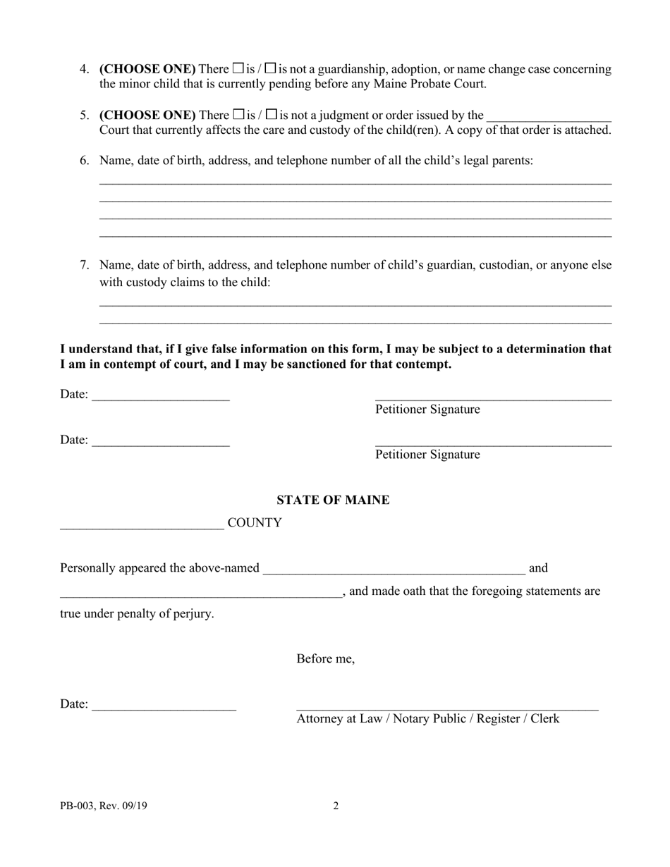 Form PB-003 Jurisdictional Affidavit - Maine, Page 2
