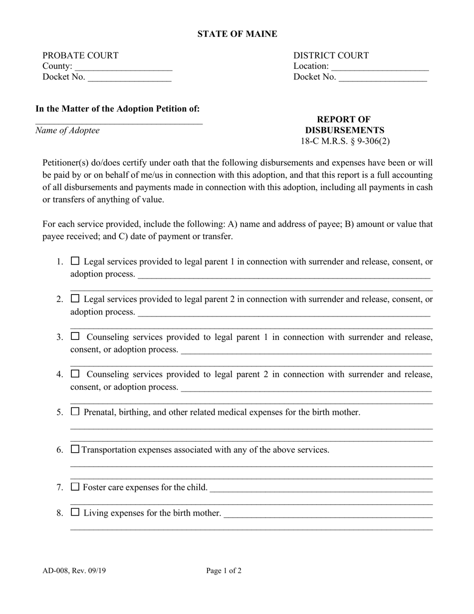 Form AD-008 Report of Disbursements - Maine, Page 1