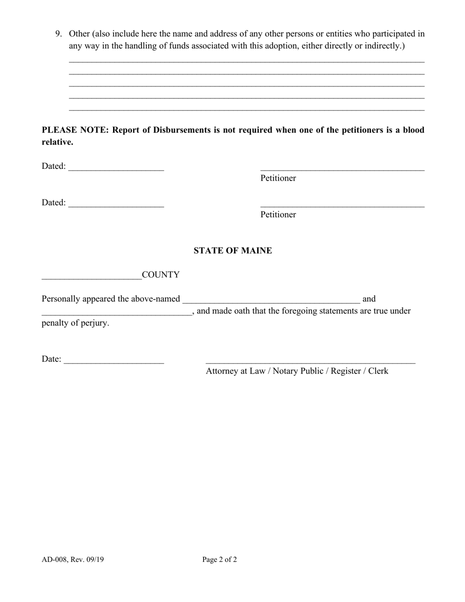 Form AD-008 Report of Disbursements - Maine, Page 2