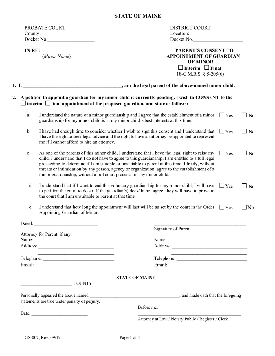 Form GS-007 Parents Consent to Appointment of Guardian of Minor - Maine, Page 1