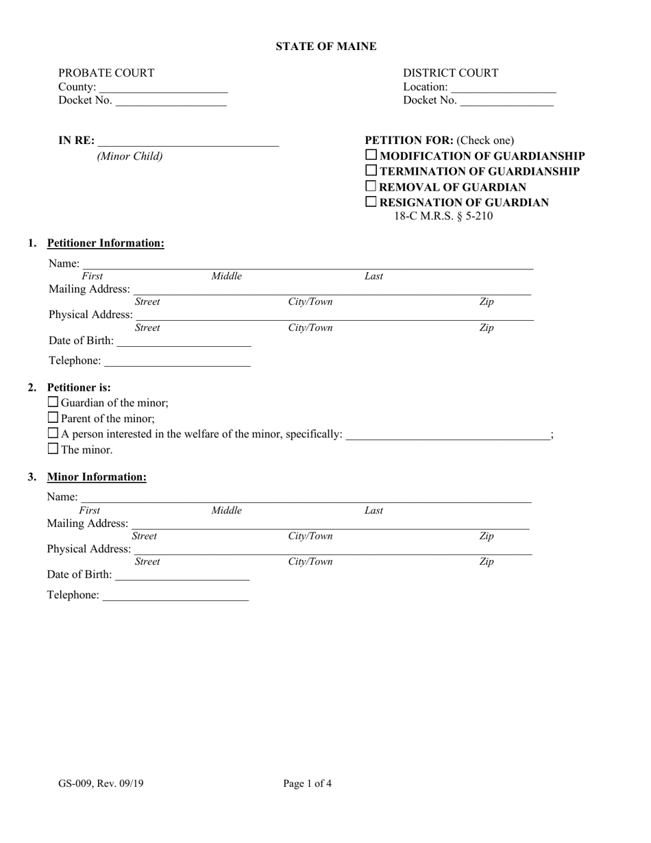 Form GS-009 Petition for Modification / Termination / Removal / Resignation - Maine, Page 1