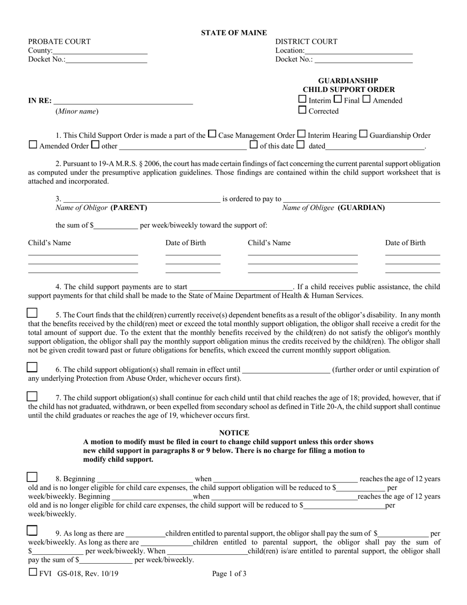 Form GS-018 Guardianship Child Support Order - Maine, Page 1