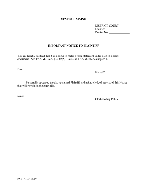 Form PA-017 Important Notice to Plaintiff - Maine