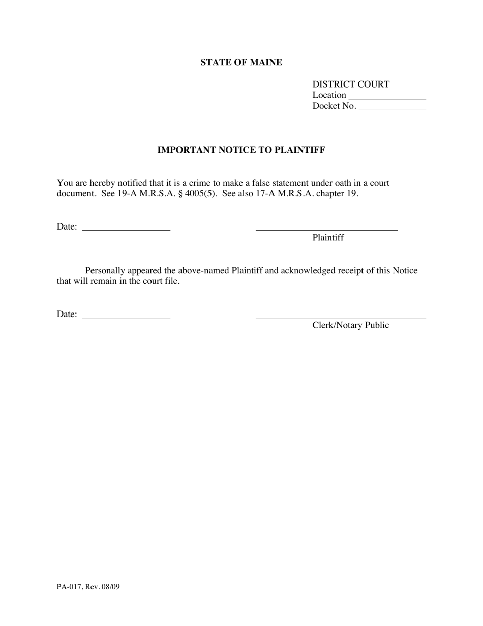 Form PA-017 Important Notice to Plaintiff - Maine, Page 1